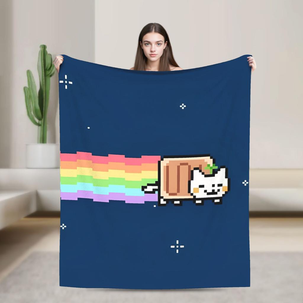 Cat Rainbow Pixel Space Nyans Blanket Flannel Textile Decor Multifunction Soft Throw Blankets for Bedding Couch Rug Piece