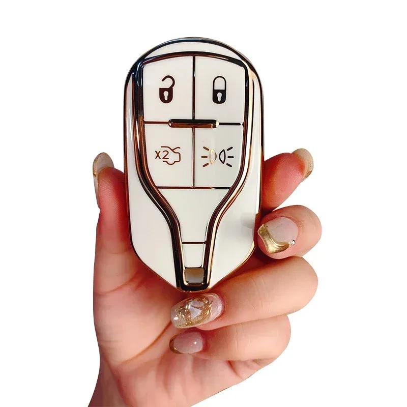TPU Key Cover Case for Maserati Ghibli Quattroporte Levante, with Rhinestone Keychain & Woven Strap, Gold Trim Design