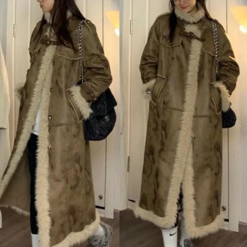 Пальто из овечьей шерсти с мехом, женское, 2024, новое зимнее, утолщенное, плюшевое, длинное, экологически чистое меховое пальто