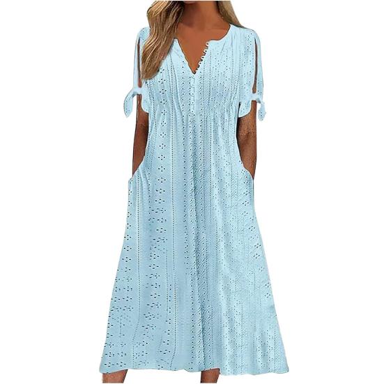 Женское летнее платье макси в стиле бохо с люверсами, пуговицами, V-образным вырезом, завязкой-узлом, коротким рукавом, летнее пляжное платье-сарафан для отдыха