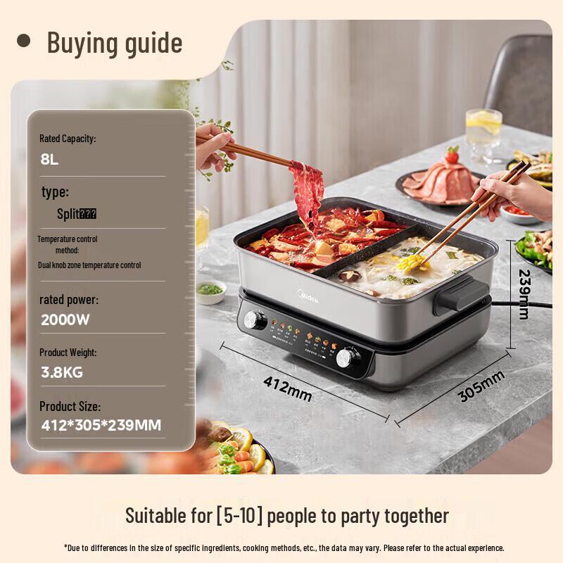 Midea 8L Dual Zone Electric Hot Pot with Independent Temp Control