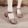 Retro Ethnic Sandals Women Genuine Leather Thick Heel Soft Sole Wrapped Toe  Anti-skid Hollow Middle-aged Mother Shoes Middle Heel Hole Shoes