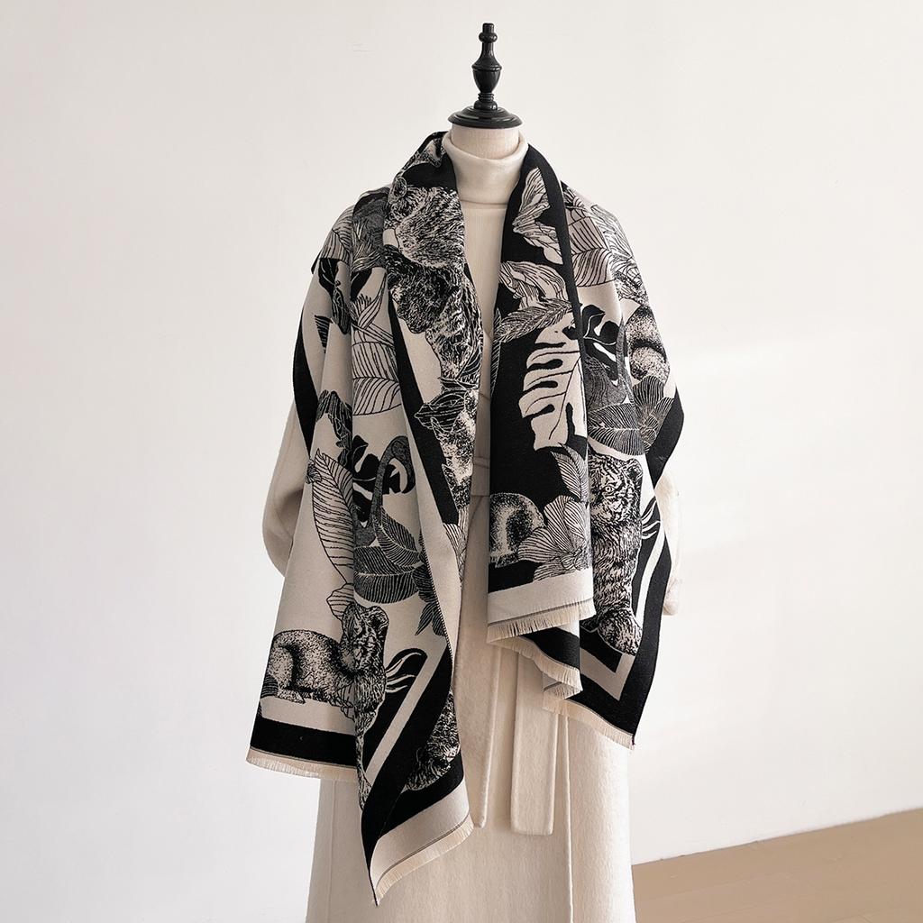 Luxury Leaf Print Scarf for Women Warmer Winter Imitation Cashmere Pashmina Scarves Shawls Female Thick Blanket Wraps Foul