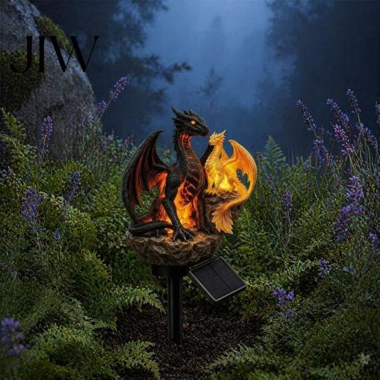Unique Halloween Yard Ornaments Dragon Solar Garden Light, Outdoor Gothic Medieval Statue Lamp, Waterproof Decorative Porch Light Fixtures Resin