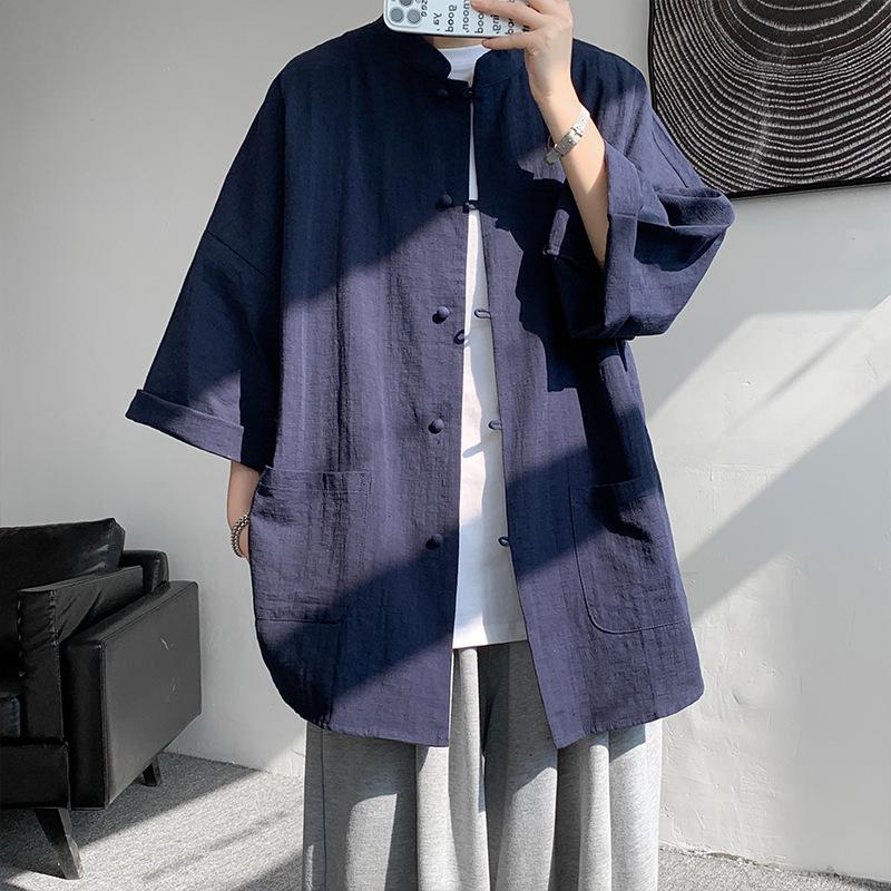 Мужская льняная рубашка с длинным рукавом в китайском стиле с пуговицами, пиджак в стиле ханьфу-тан, большой размер