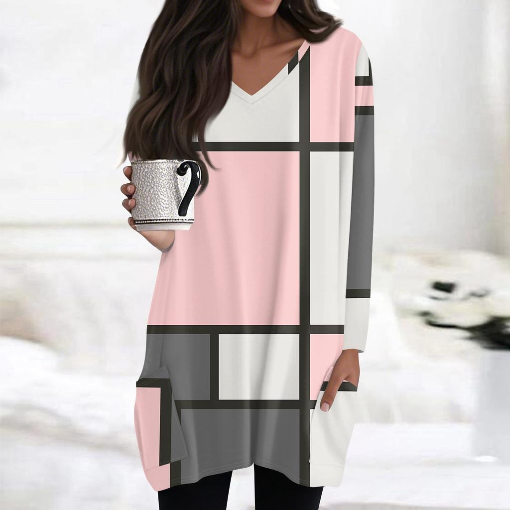 Womens Tops V-neck Long Sleeve Blouses Casual Mid-length Shirts Fashion Print Tunic Tops With Pockets