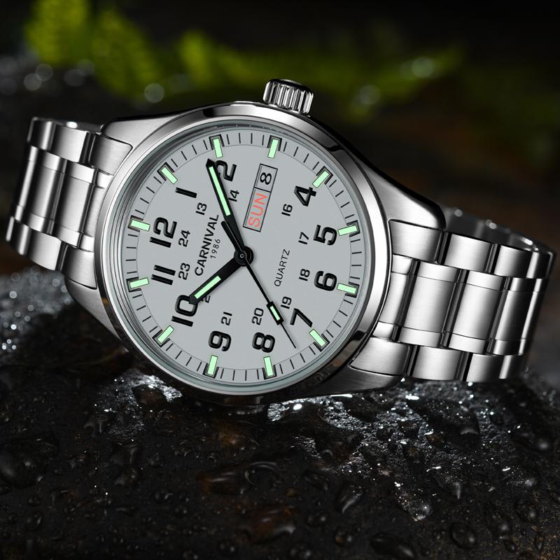 Carnival Brand Fashion Watch for Men Luxury Solid Stainless Steel Luminous Calendar Quartz Wristwatches Waterproof Montre Homme