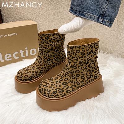 Женские ботильоны на платформе с леопардовым принтом, замшевые туфли для женщин 2025 года, модные зимние элегантные прогулочные новые удобные зимние ботинки Mujer Botas