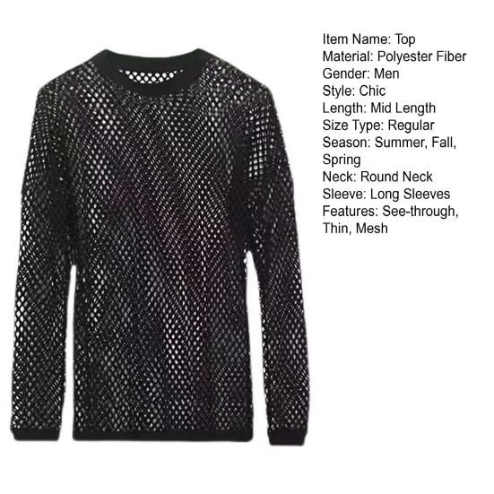 Мужской сетчатый топ, ультратонкий, прозрачный, с круглым вырезом, с длинными рукавами, однотонный, эластичный, свободный крой