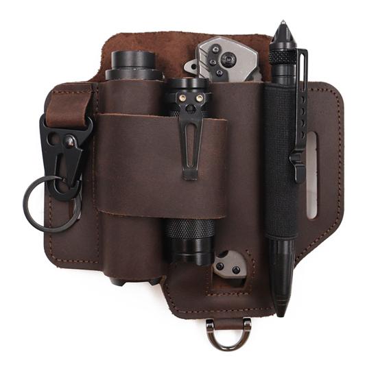 Multitool Belt Sheath Faux Leather EDC Belt Organizer 3 Pockets Belt Pouch with Flashlight Holder Pen Holder Keychain Clip for Men