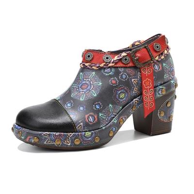 7.5см Овчина Кожа ПУ Этнические Летние Массивный Каблук Женские Ручной Работы Принт Женская Мода Мокасины Металлическая Декорация Обувь