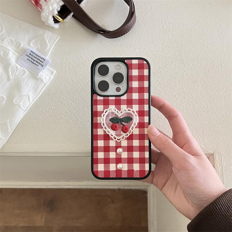Бордовый клетчатый вышитый вишневый жемчуг для iPhone 11 Pro Max Чехол для iPhone 11 Пленка 11 Женщины