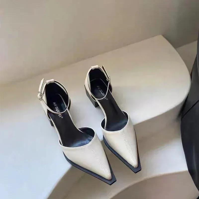 Fashion Pointed Toe Sexy Sandals Women Mid Heels Party Shoes Summer 2024 Pumps New Fashion Slippers Chunky Female Dress Zapatos Shallow