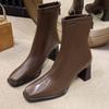 Fashion Block Heel Platform Booties Women's New Autumn Square Toe Back Zip Non-Slip High Heel Stretch Skinny Boots