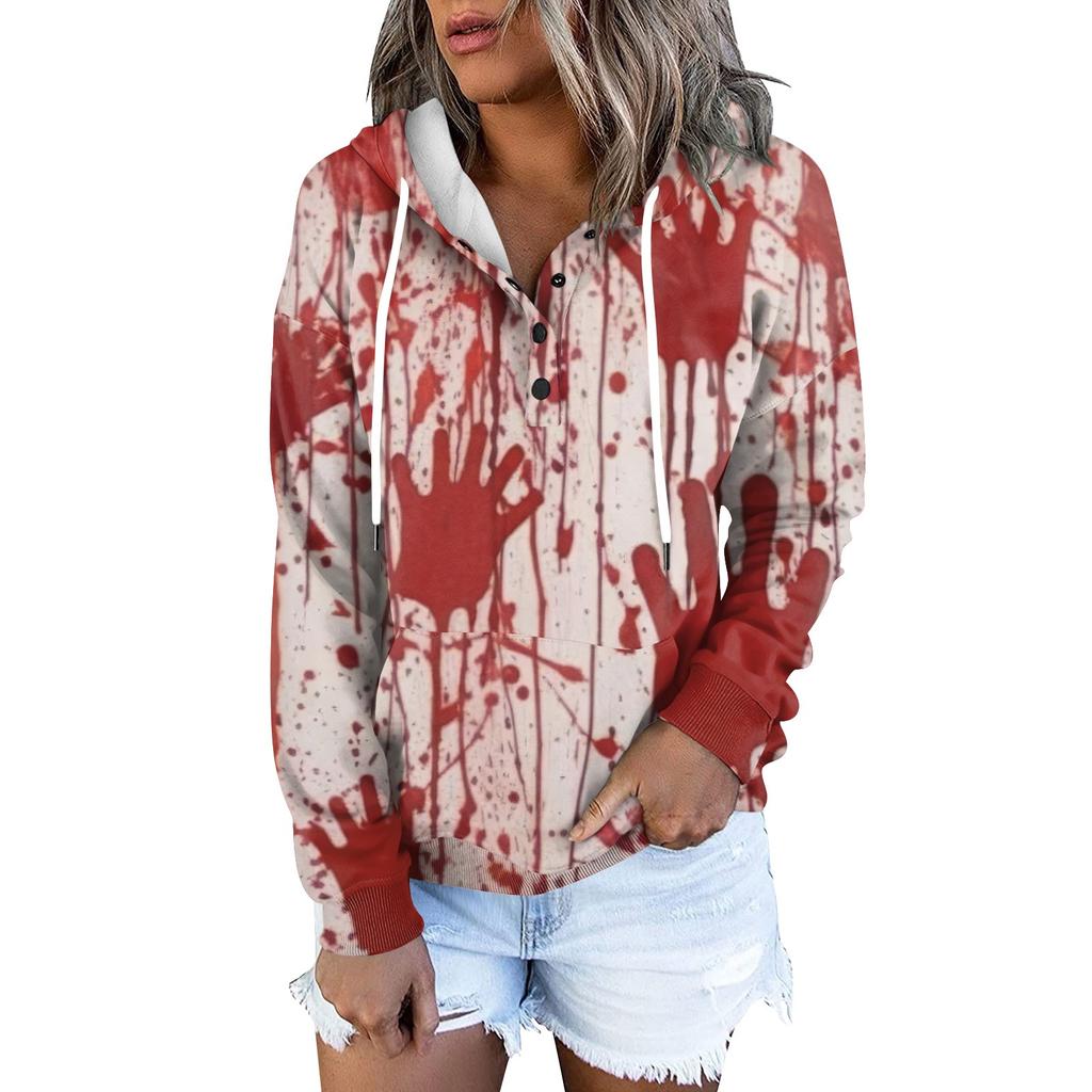 Women's Fashion Slim Fit Long Sleeve Halloween Print Hooded Sweatshirt Top