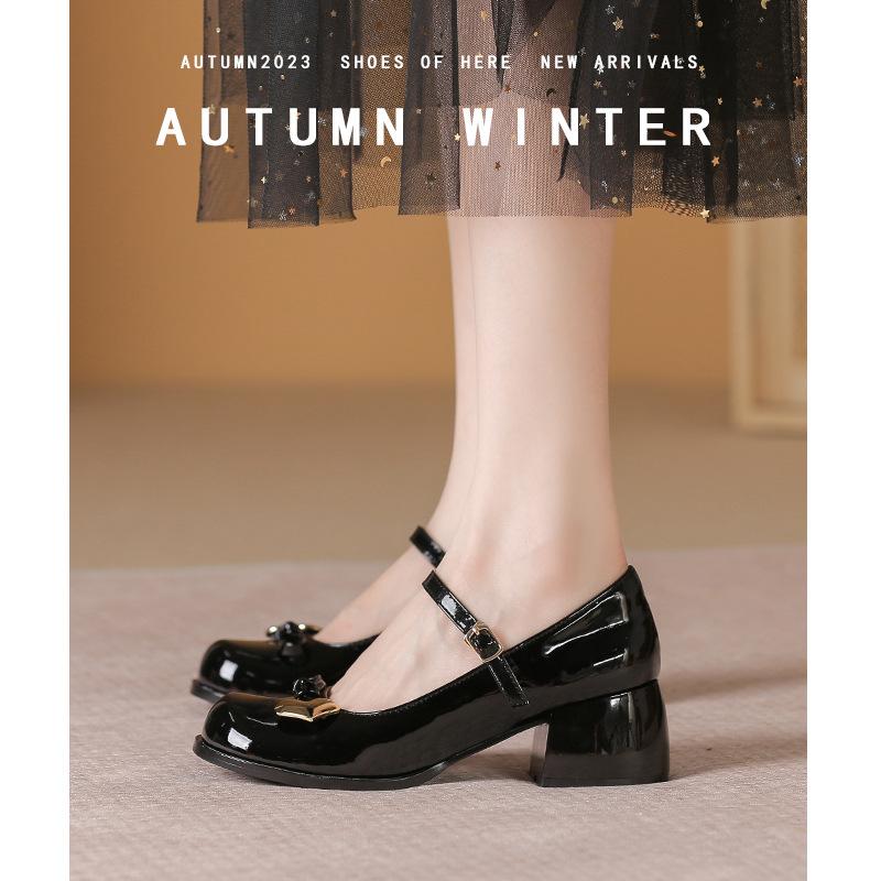 2025 весна новый ретро бант нежный ветер мелкий вырез толстый средний каблук туфли Мэри Джейн кожа дышащие одинарные туфли женские