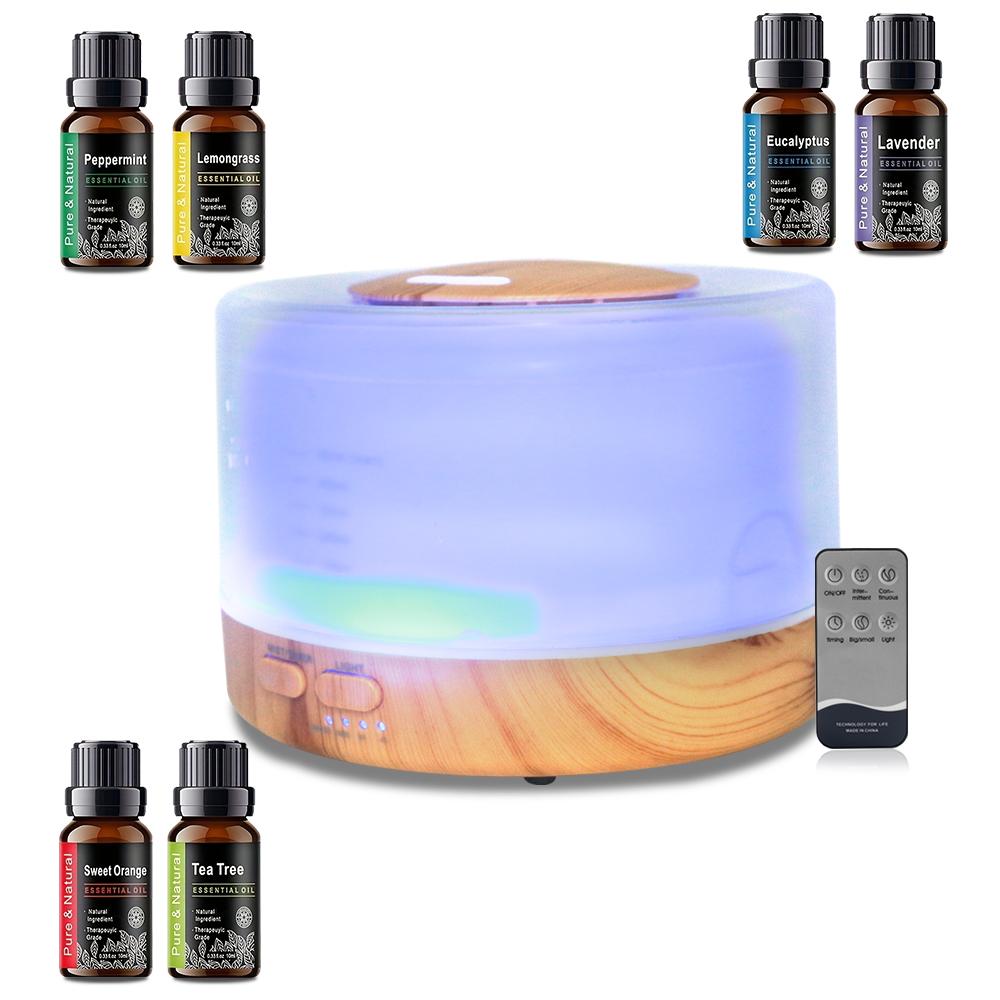 Complete Aromatherapy Kit 500ml Essential Oil Diffuser 6 Therapeutic Oils (Lavender, Eucalyptus & More), 7 Color Lights, Auto-