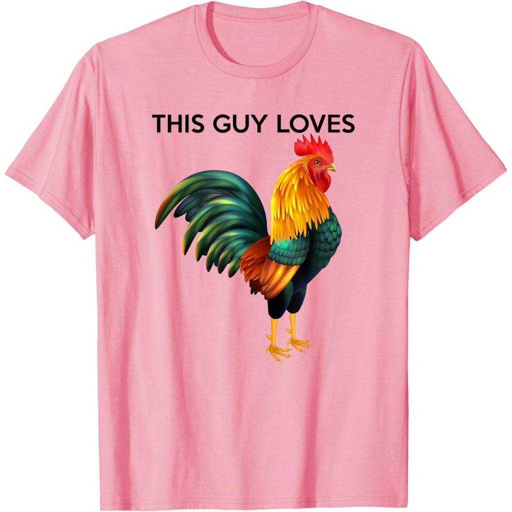 Funny Rooster Graphic Tee This Guy Loves Chicken Print Casual Cotton T-Shirt
