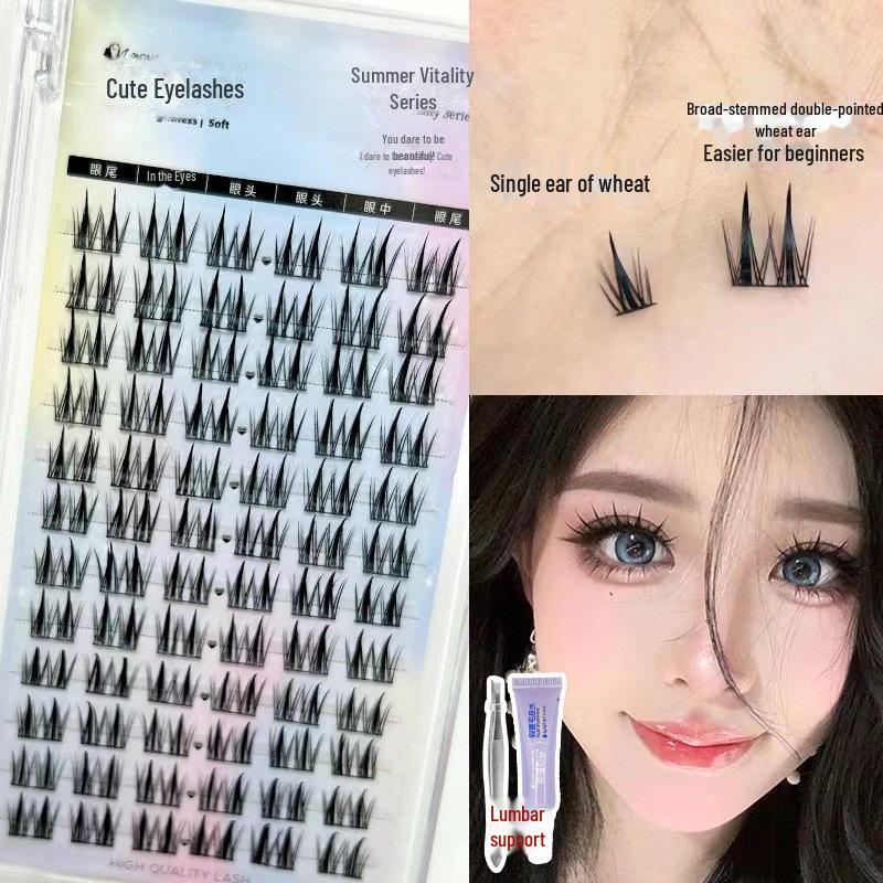 Накладные ресницы Mengji Shangpin с двойными заостренными пшеничными ушками - сегментированные натуральные тонкие стержневые ресницы из комиксов Lazy Trilogy