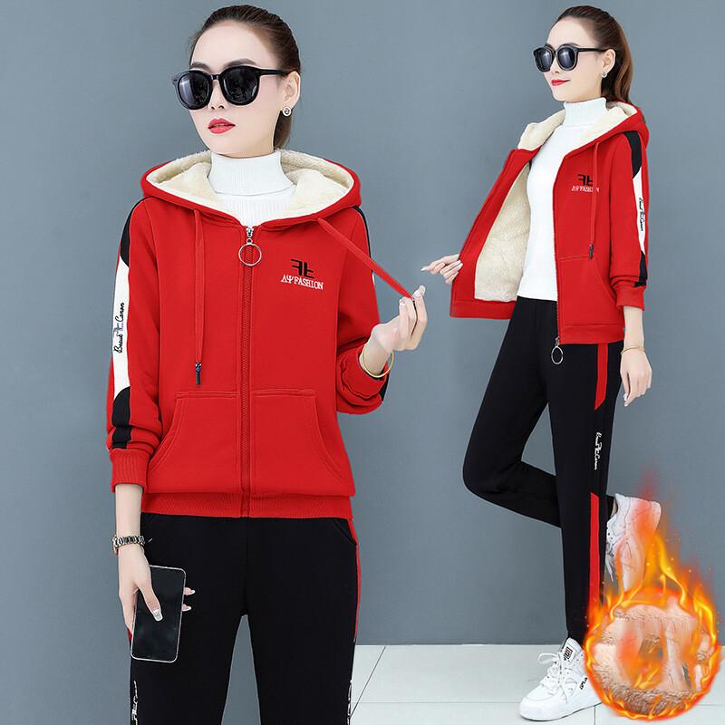 Большой размер, женский осенне-зимний комплект из 2 предметов, спортивный костюм, свободная флисовая куртка на молнии с капюшоном и бархатный спортивный костюм