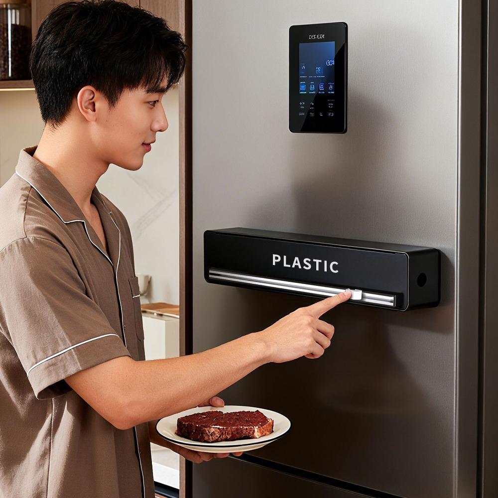 Plastic Food Cling Film Dispenser Magnetic/Suction Cup Stretch Film Cutter Baking Paper