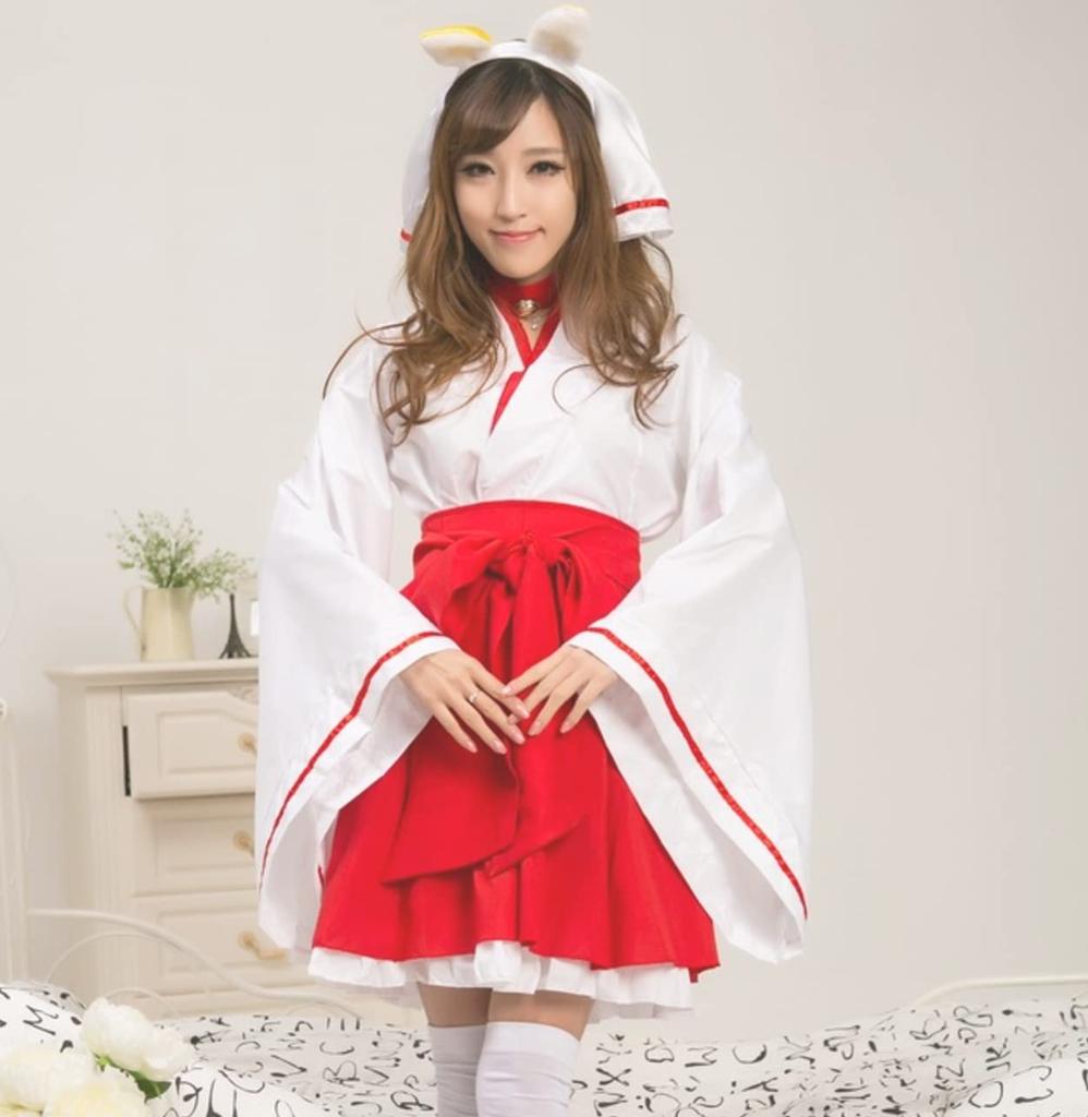 Косплей девицы-святилища, японское платье-лиса, мини-хакама, кимоно, юката, костюм для храма, лисьи уши, красные и белые [Lady Lazy] (M)