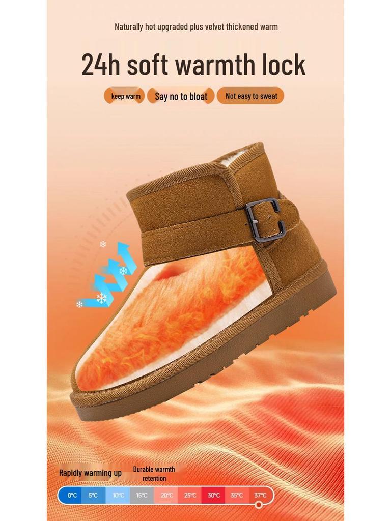 Ботинки из натуральной кожи с пряжкой - Мужские и женские зимние плюшевые подкладки, Нескользящие, Утепленные хлопковые слипоны.