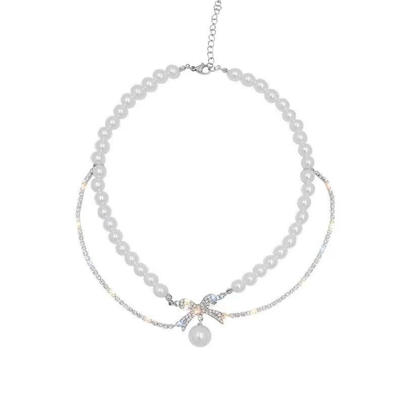 Премиальное чувство легкой роскоши блестящий бриллиантовый бант жемчужная цепочка на шею женская нишевый дизайн чувство цепочка на ключицу холодный ветер темперамент цепочка на шею