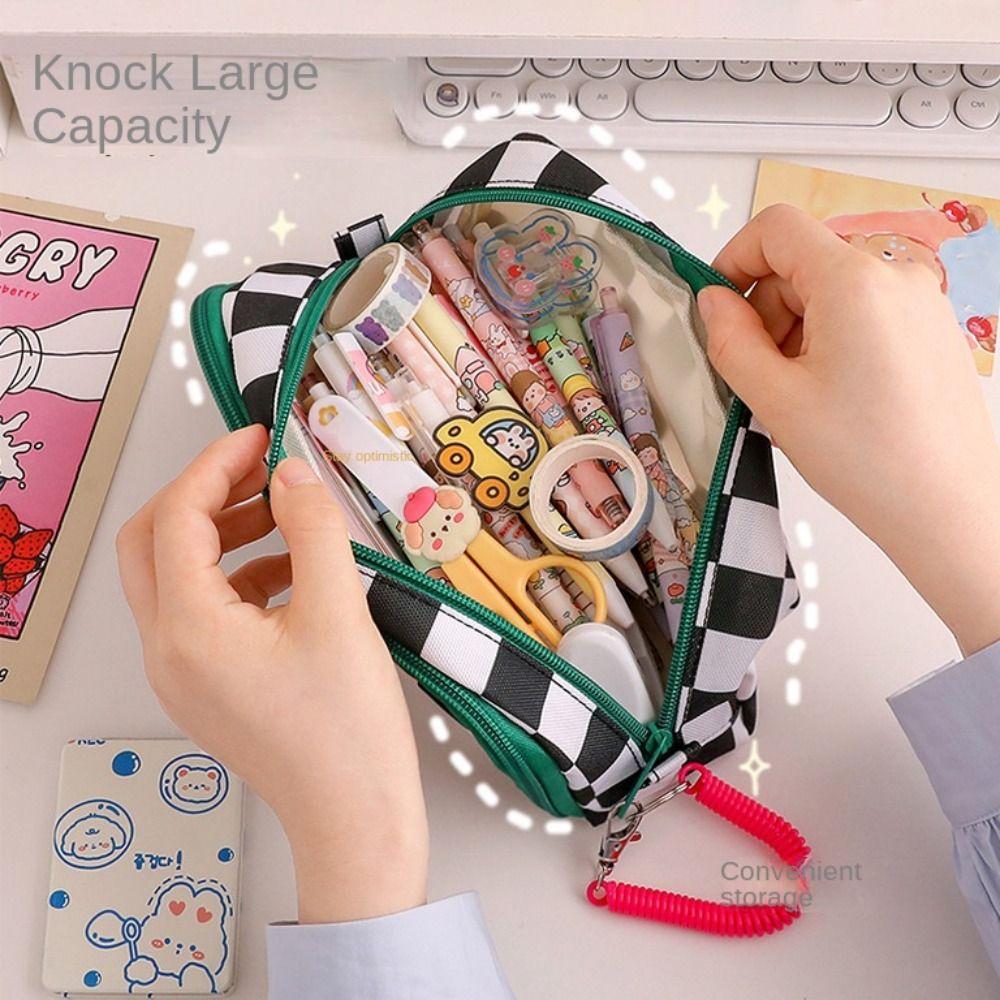 Checkerboard Pencil Bag Large Capacity Stationery Storage Bag Pen Case Pencil Case School Supplies