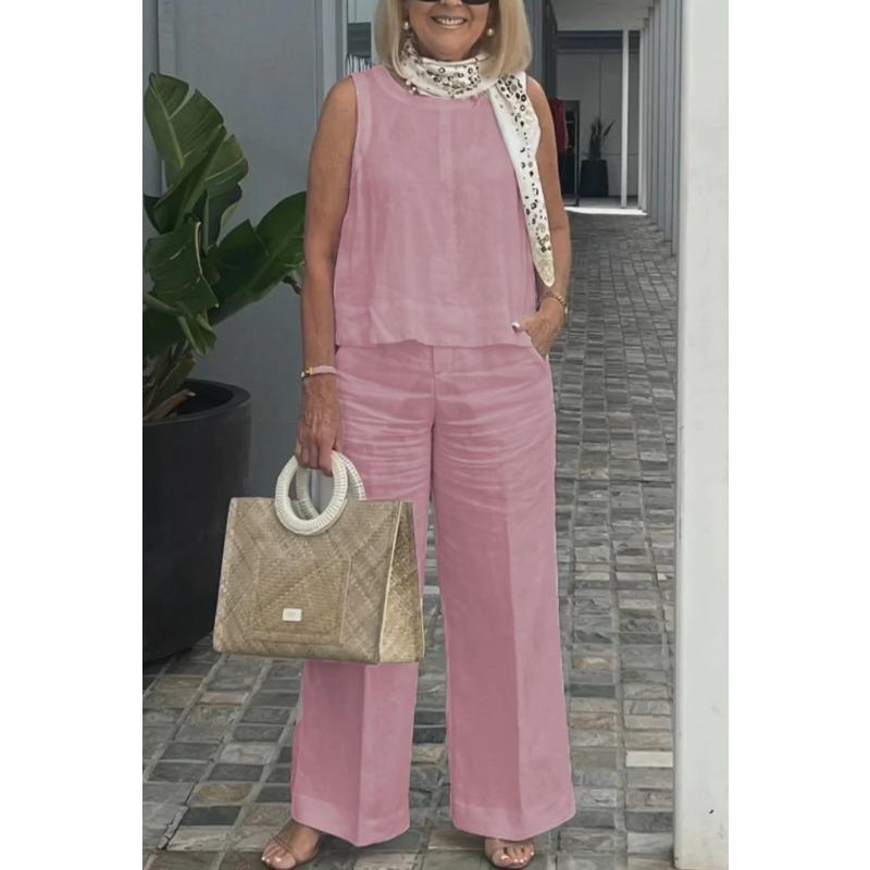 VEZFAA Женские модные повседневные летние весенние однотонные принтованные брюки без рукавов с круглым вырезом костюмы