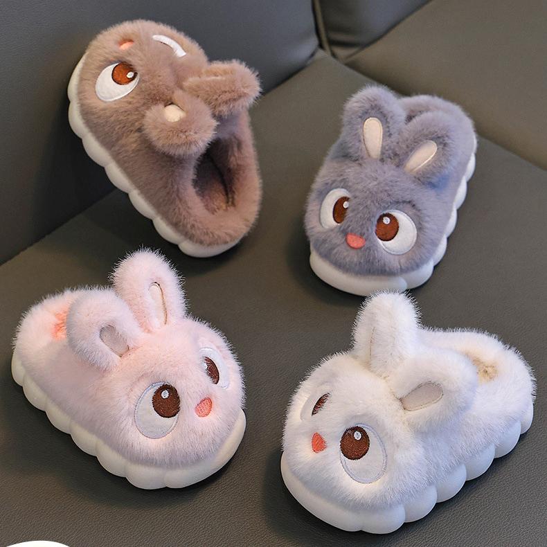 Kids Plush Bunny Ears Slippers Warm Fleece Lined Non-Slip Infant Toddler Boys Girls House Shoes