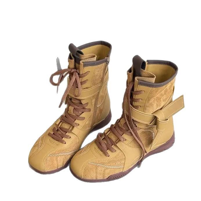 Cowhide Edition~ Retro Versatile Frosted Leather Boxing Boots Women's Strap Side Zipper External Wear Mountaineering Dexun Martin Boots