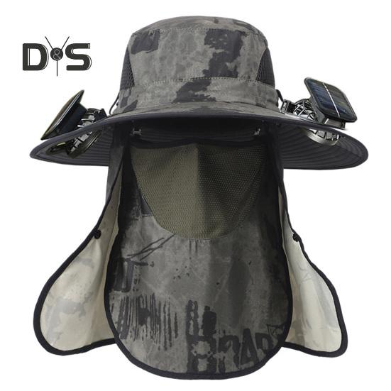 Wide Brim Sun Hat with 2 Solar Fan UV Protection Bucket Hat with Neck Flap And Face Guard 3 Speed Adjustable Fan Hat for Outdoor Fishing Camping