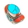 Кольцо ручной работы из натуральной тибетской бирюзы и кораллового камня, размер 8,5, p6U23