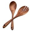 2Pcs Wooden Spoon Kitchen Soup Spoon Ladle Cooking Serving Spoons Long Handle Wood Spoon Fork Salad Server Serving Set Tableware