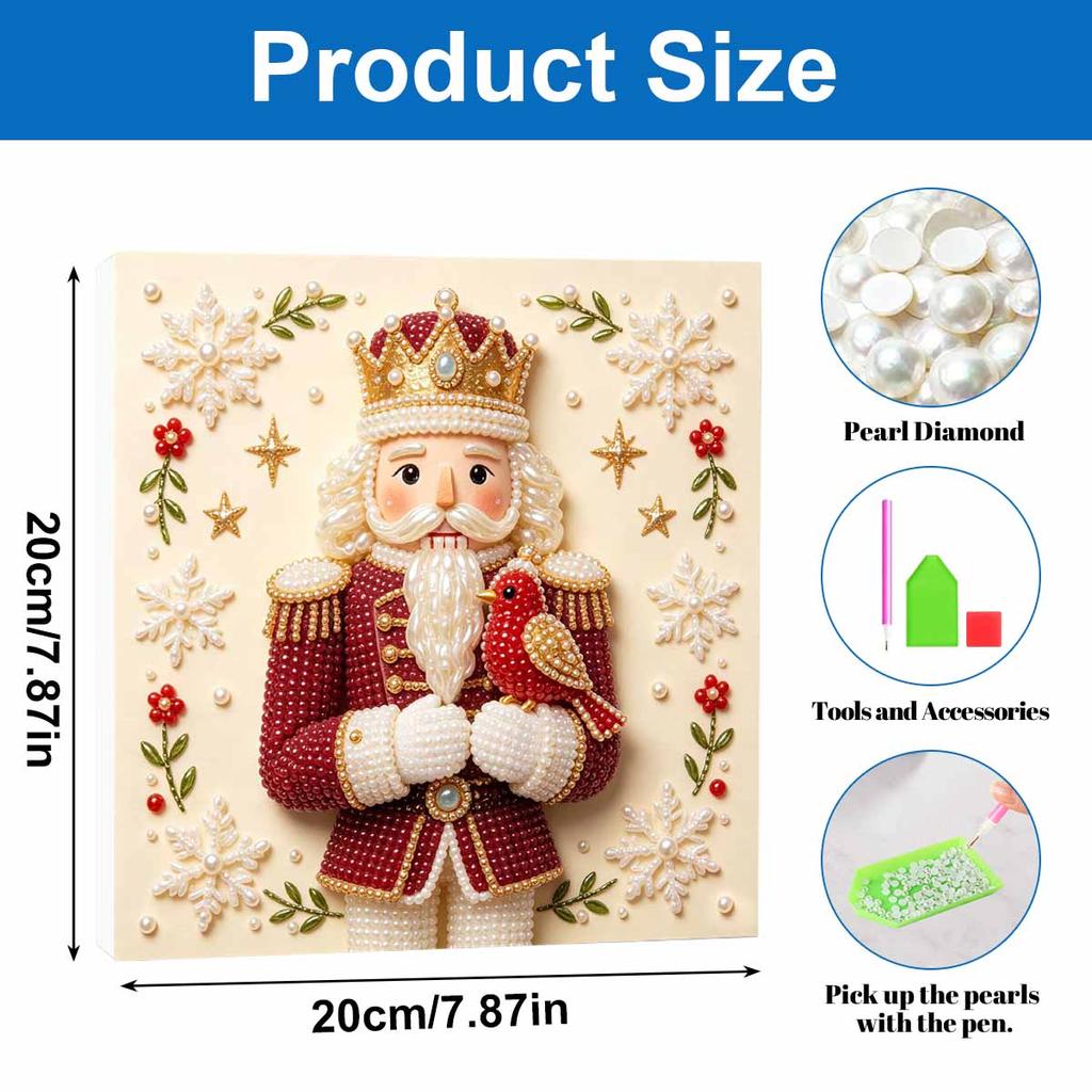 Handmade Framed Pearl Painting Set with Christmas Nutcracker and Bird Design 5D Shiny Bead Art Canvas Creative Craft for Room Decor