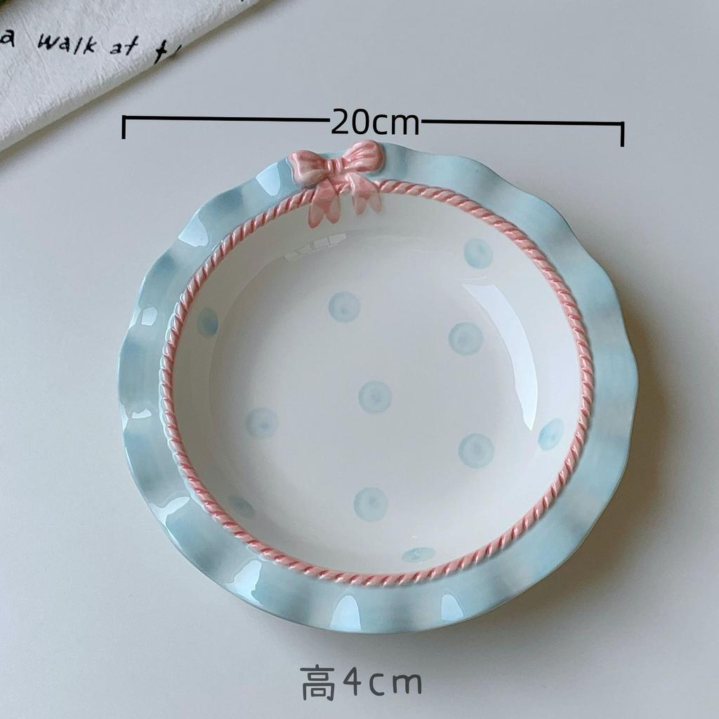 INS Style Korean Style Girl Heart Pink Ceramic Tableware Set Polka Dot Bow Cute Small Bowl Rice Bowl Deep Plates Cute Plates