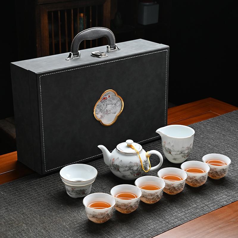 Thin tire tea set, sweet white cover bowl, Dehua suet jade Han white porcelain kung fu tea simple blue line tea ceremony accessories