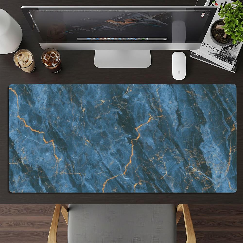 Large Size Deskmat XXL Deep Blue Marble With Golden Veins Mousepad Overlocked Edge Non‑Slip Rubber Gamer Keyboard Desk Mats