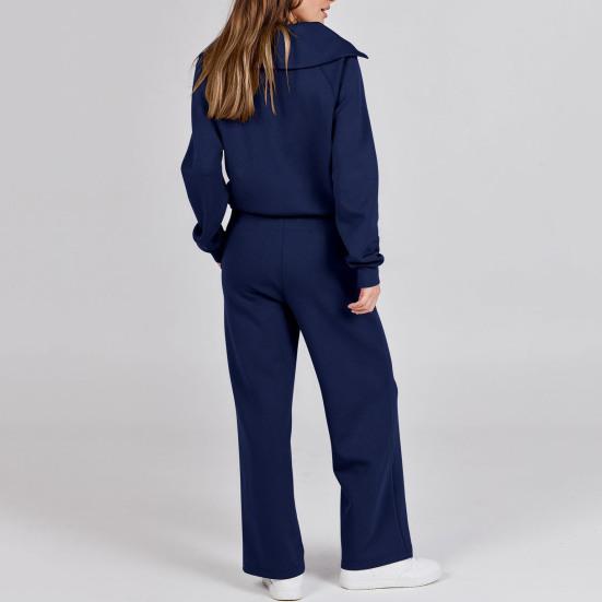 2Pcs/Set Women Solid Color Casual Outfit Lapel Zipper Neckline Long Sleeve Sweatshirt Elastic Waist Drawstring Wide Leg Pants Set