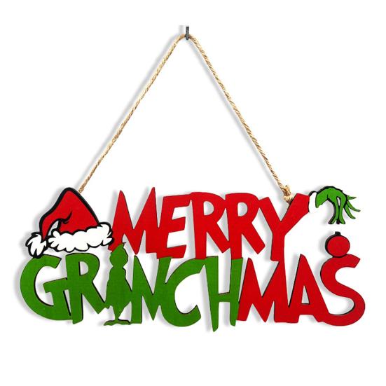 Christmas Hanging Sign Wooden Seasonal Door Wall Sign Santa Hat Green Elf Holiday Decor