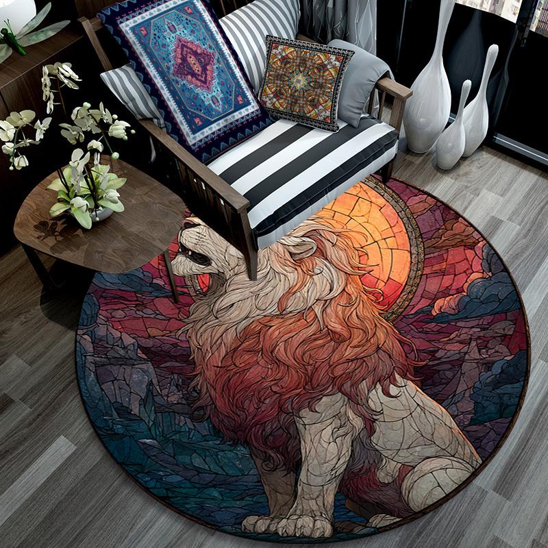 Lion Artwork Round Area Rug,Carpet Rug for Living Room Bedroom Sofa Playroom Decor,Non-slip Floor Mat