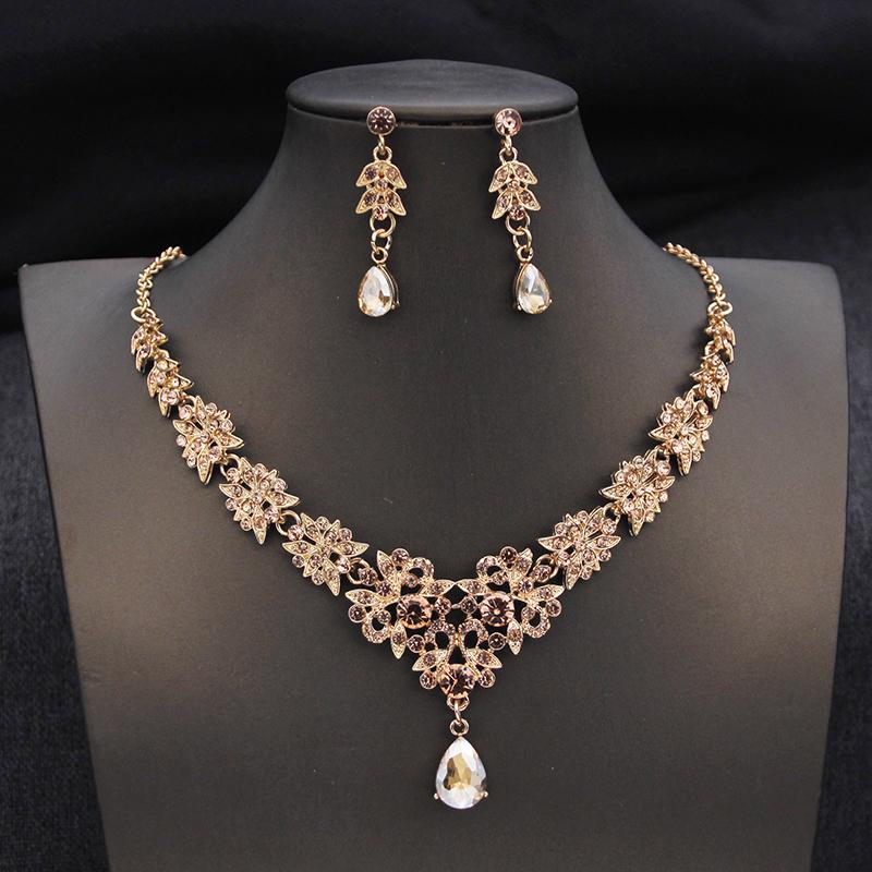 Royal Queen Champagne Tiaras and Crowns Bridal Jewelry Sets for Women Wedding Crown and Necklace Earrings Tiara Set Accessories