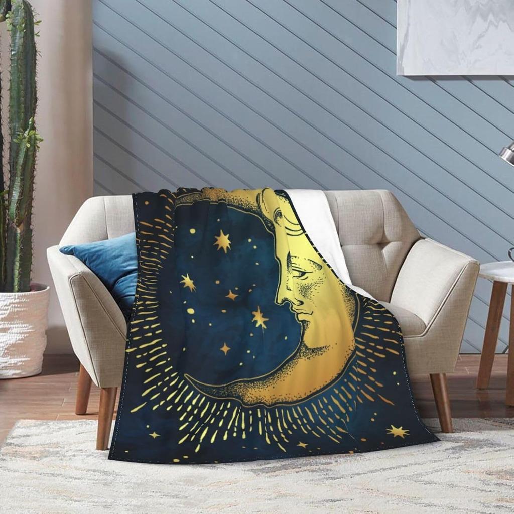 Golden Moon Star Blanket Soft Lightweight Throw Blankets Cozy Flannel Bed Throws for Sofa Couch Travel Home Room Bedroom Decor G