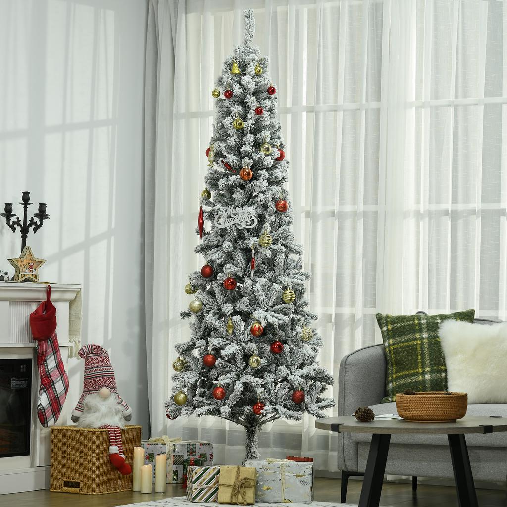 210cm Slim Artificial Christmas Tree with Realistic Branches, Tall and Narrow Snow-Covered Christmas Tree with Folding Base, Green
