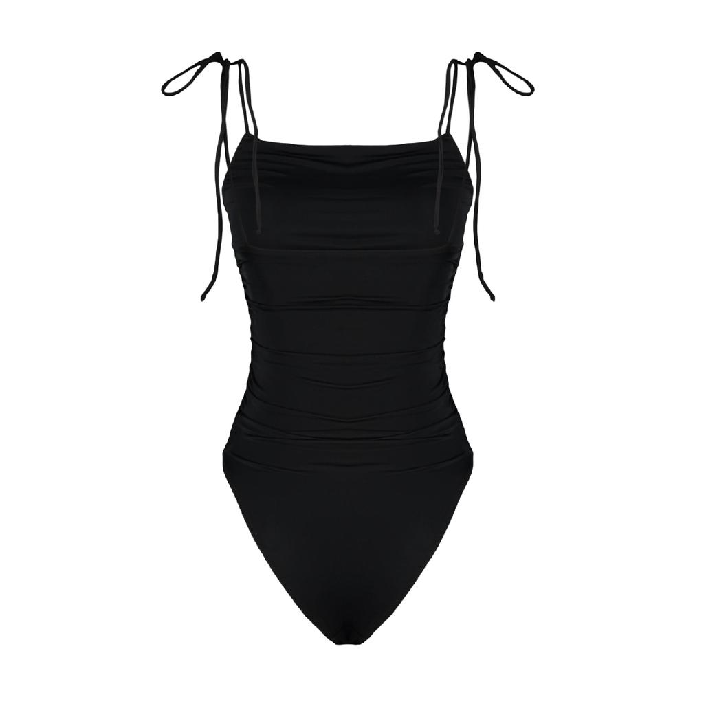 Black Square Neck Draped Swimsuit Tbess22ma0009