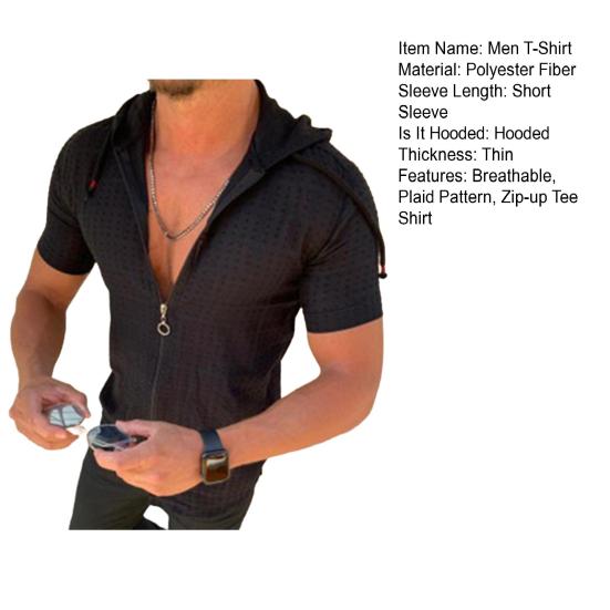 Мужская футболка с капюшоном, короткими рукавами, клетчатая футболка на молнии, повседневный тонкий летний топ для спорта, отдыха на природе, пляжа