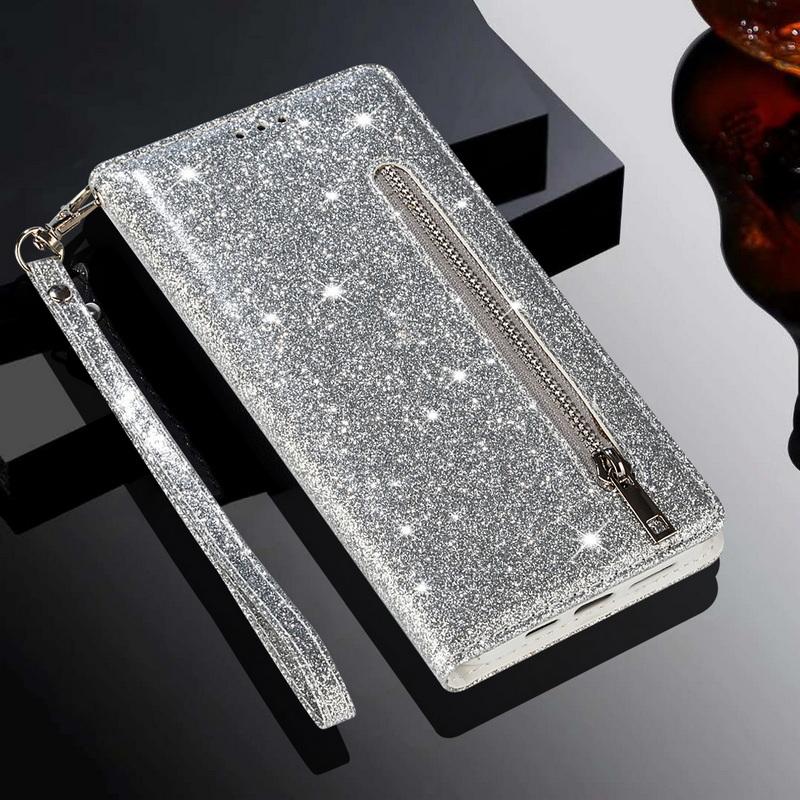 Для Samsung Galaxy S25 S26 S24 S23 Ultra S21 FE S20 FE A16 A17 A36 A34 A35 A37 5G A52 A53 A54 A55 A56 A57 Кошелек на молнии с блестками Кожаный чехол