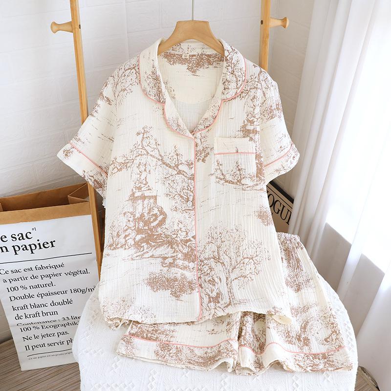 Женский летний пижамный комплект из чистого хлопка - Милый, Дышащий, с коротким рукавом и шортами