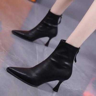 Модная обувь женская 2024 модные женские сапоги на молнии зимние остроносые однотонные сексуальные платья короткие бочонки на шпильках или тонких каблуках